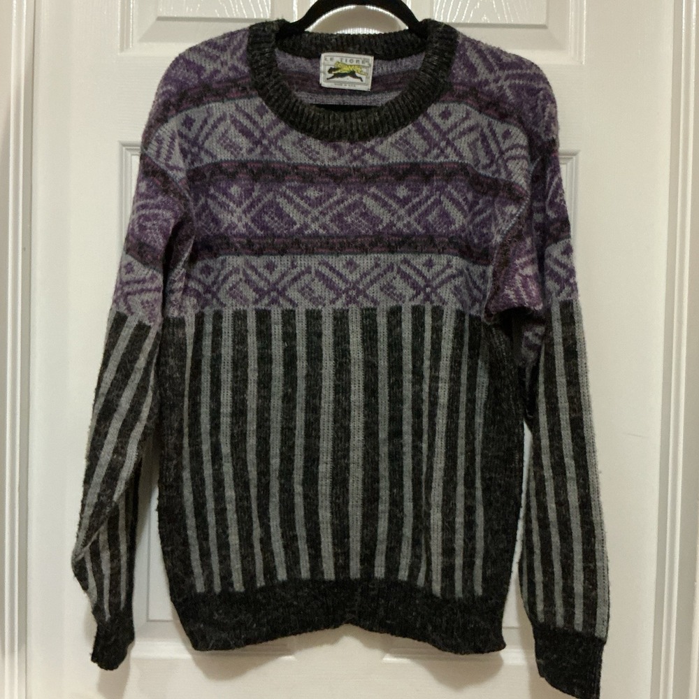 VTG le Tigre Sweater L USA Made Gray Plum Green Striped Pullover 90s Acrylic EUC